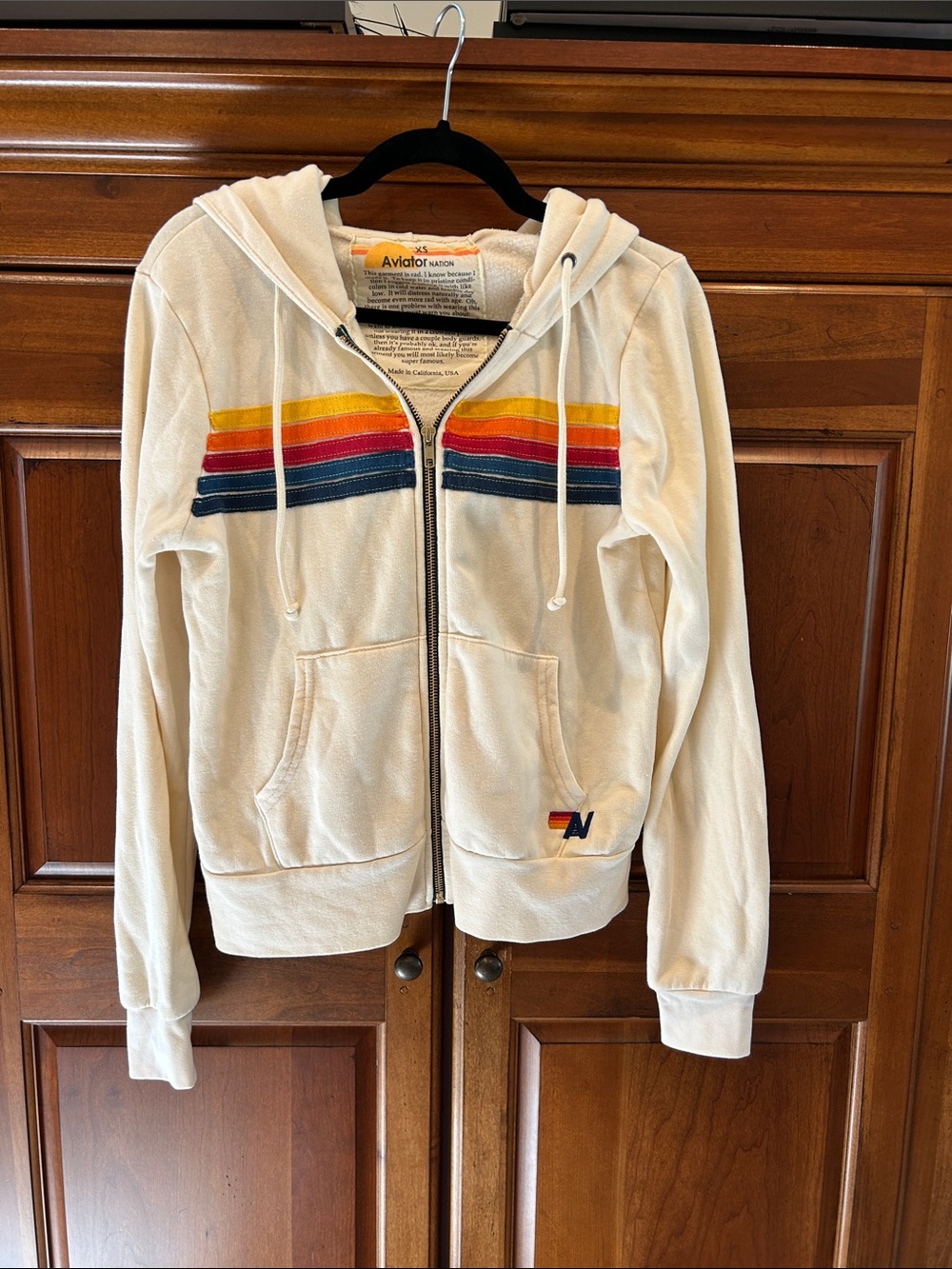 Aviator Nation Cream Zip-Up Hoodie with Yellow Orange Red and Navy Stripes